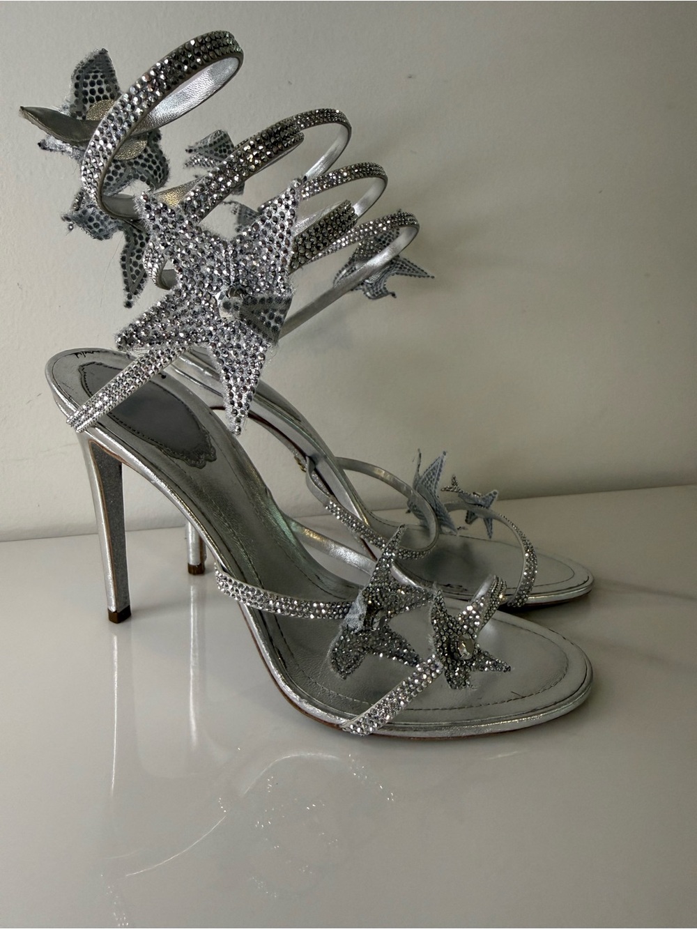René Caovilla Cleo Star Silver Crystal Spiral Heels Sandals - Picture 6 of 13